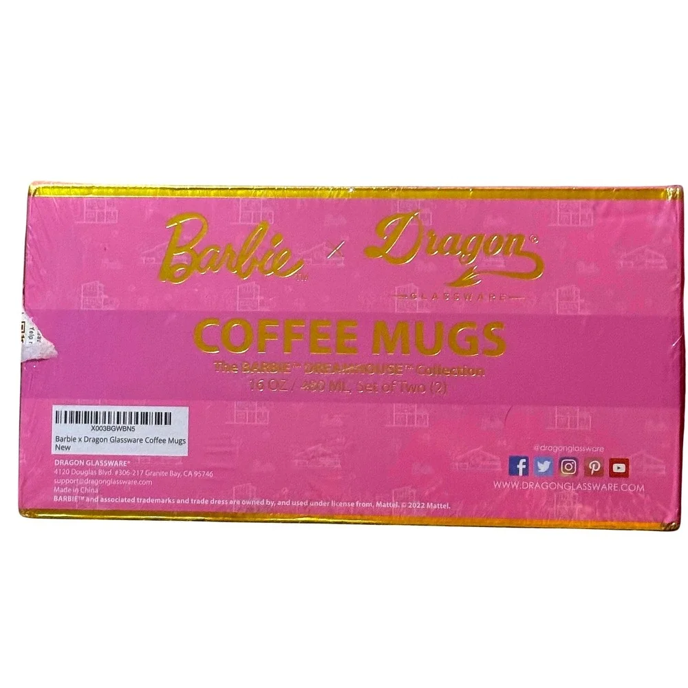 Dragon Glassware x Barbie Double Wall Coffee Mugs Pink Magenta 16oz Set 2 Sealed